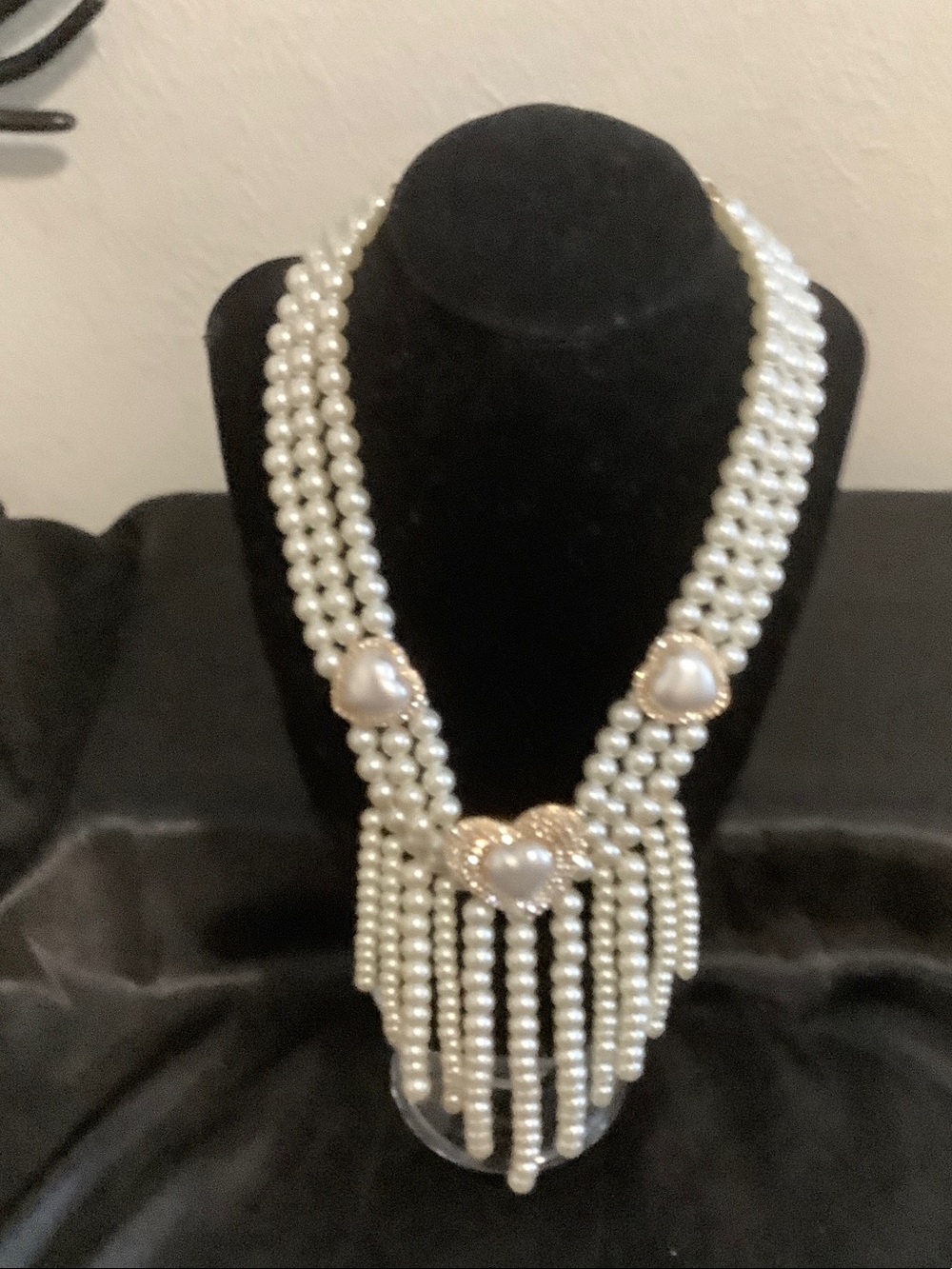Elegant White Pearl Multi-Strand Necklace with Heart Accents